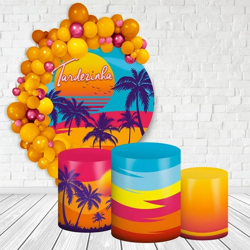 Aperturee Orange Summer Scenery Round Happy Birthday Backdrop Kit