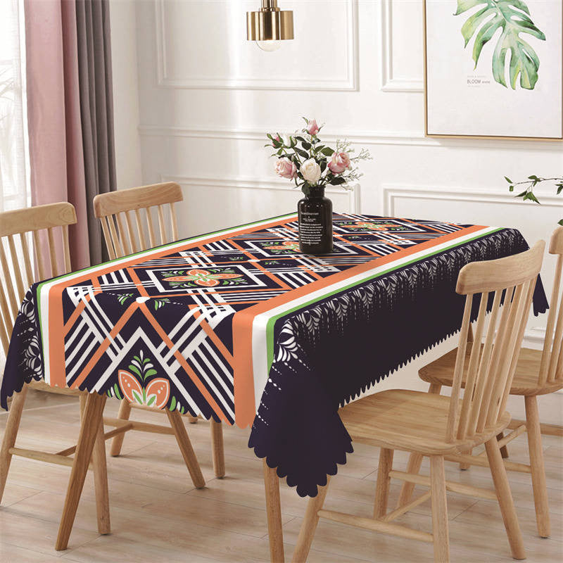 Aperturee - Orange White Floral Lines Blue Rectangle Tablecloth