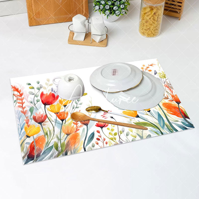 Aperturee - Orange Yellow Floral Painting Set Of 4 Placemats