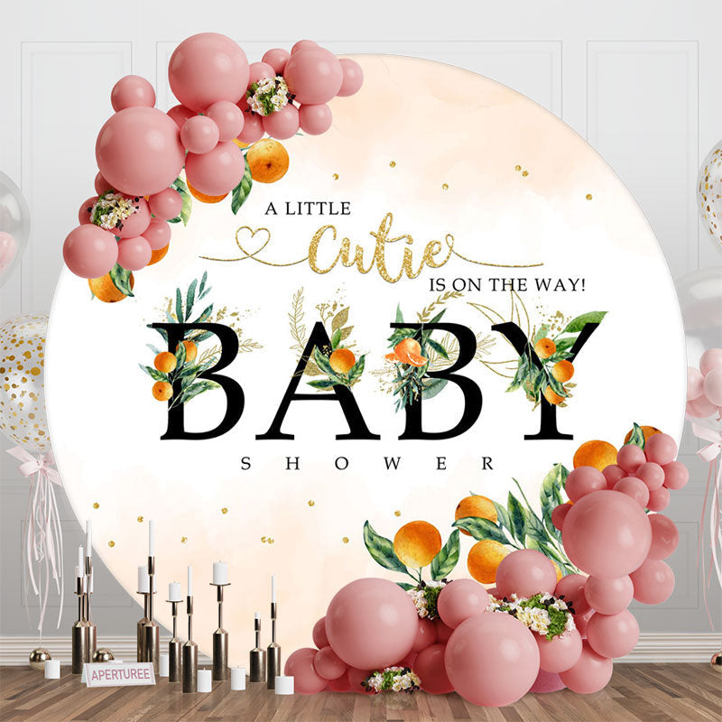 Aperturee - Oranges Green Leaf Simple Round Baby Shower Backdrop