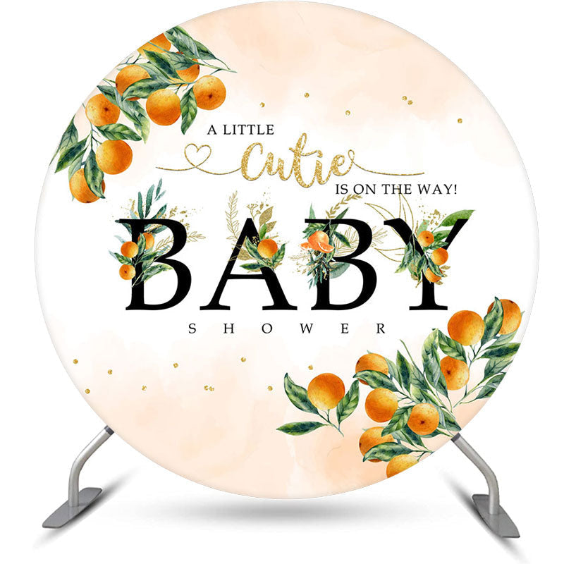 Aperturee - Oranges Green Leaf Simple Round Baby Shower Backdrop