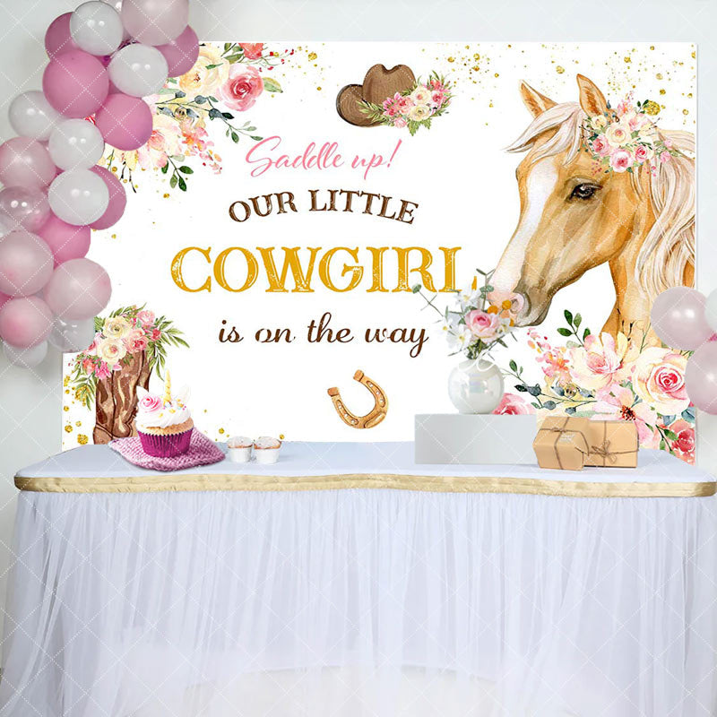 Aperturee - Our Little Cowgirl Floral Horse Baby Shower Backdrop