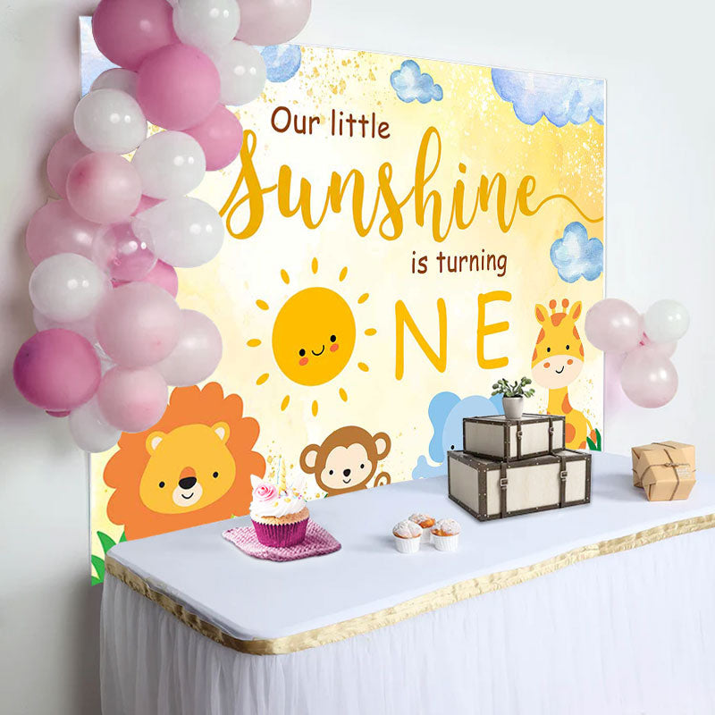 Aperturee - Our Sunshine Cartoon Animals 1st Birthday Backdrop