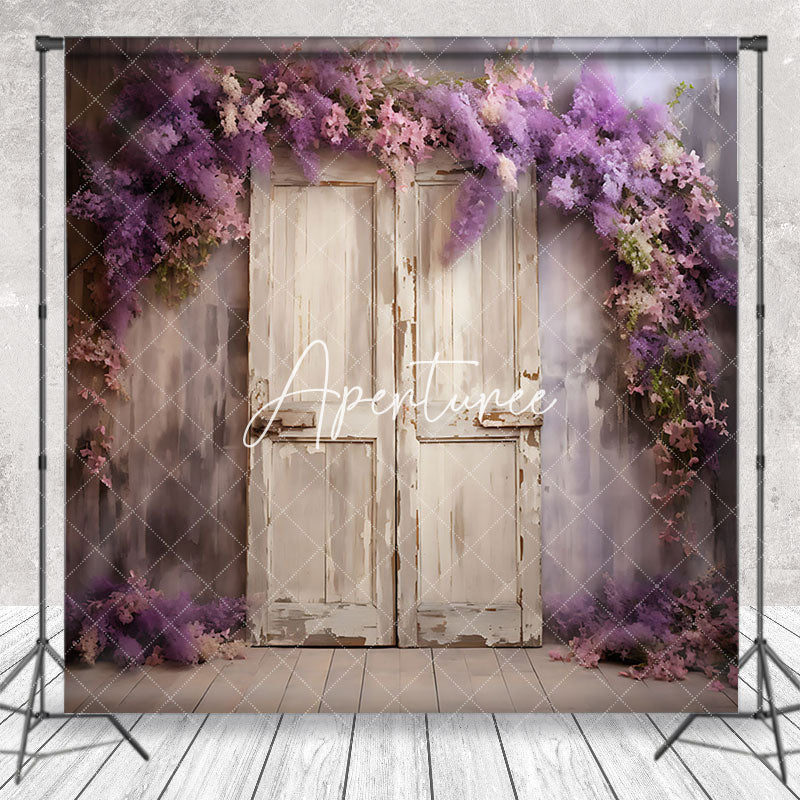 Aperturee - Painted Shabby Door Purple Floral Photo Backdrop