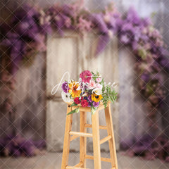 Aperturee - Painted Shabby Door Purple Floral Photo Backdrop