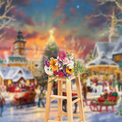 Aperturee - Painting Santa Carriage Christmas Tree Town Backdrop