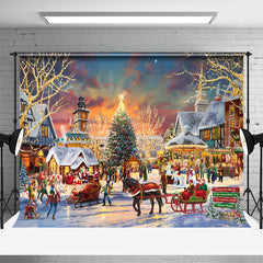 Aperturee - Painting Santa Carriage Christmas Tree Town Backdrop