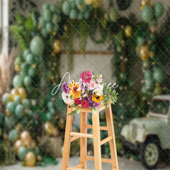 Aperturee - Palm Leaves Green Balloons Car Cake Smash Backdrop