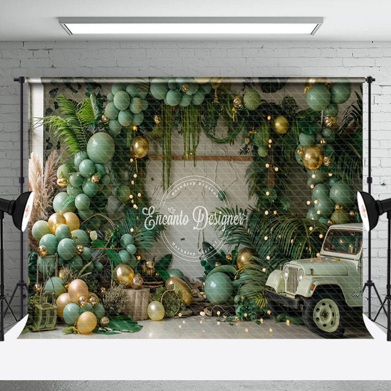 Aperturee - Palm Leaves Green Balloons Car Cake Smash Backdrop