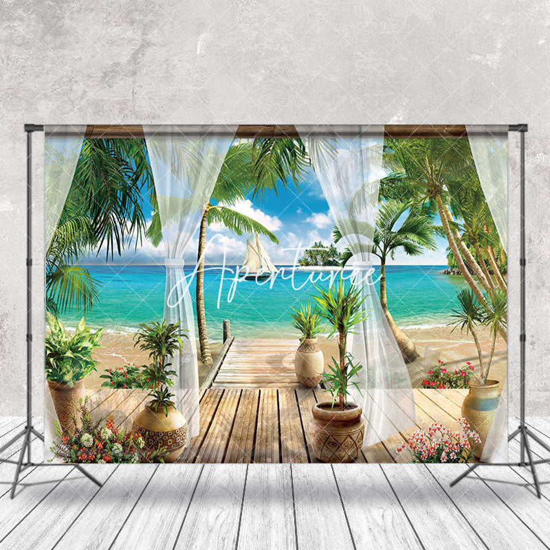 Aperturee - Palm Tree Curtain Sea Beach Summer Photo Backdrop