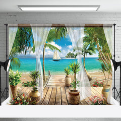 Aperturee - Palm Tree Curtain Sea Beach Summer Photo Backdrop