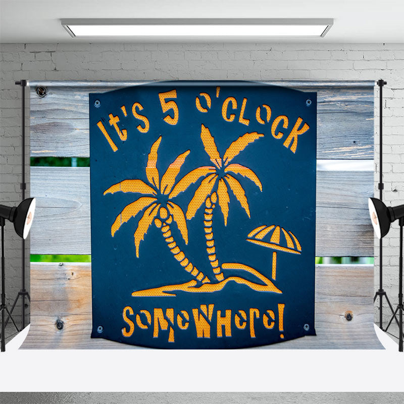 Aperturee - Palm Tree Neon Its 5 Oclock Wooden Party Backdrop