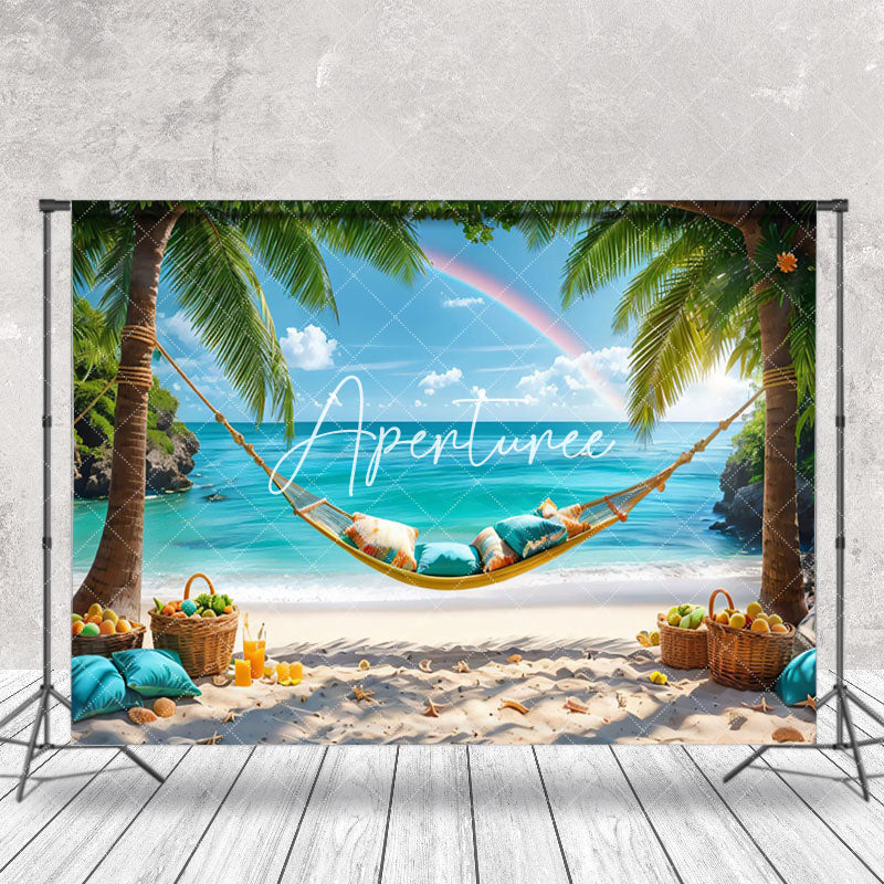 Aperturee - Palm Tree Rainbow Hammock Sand Beach Summer Backdrop