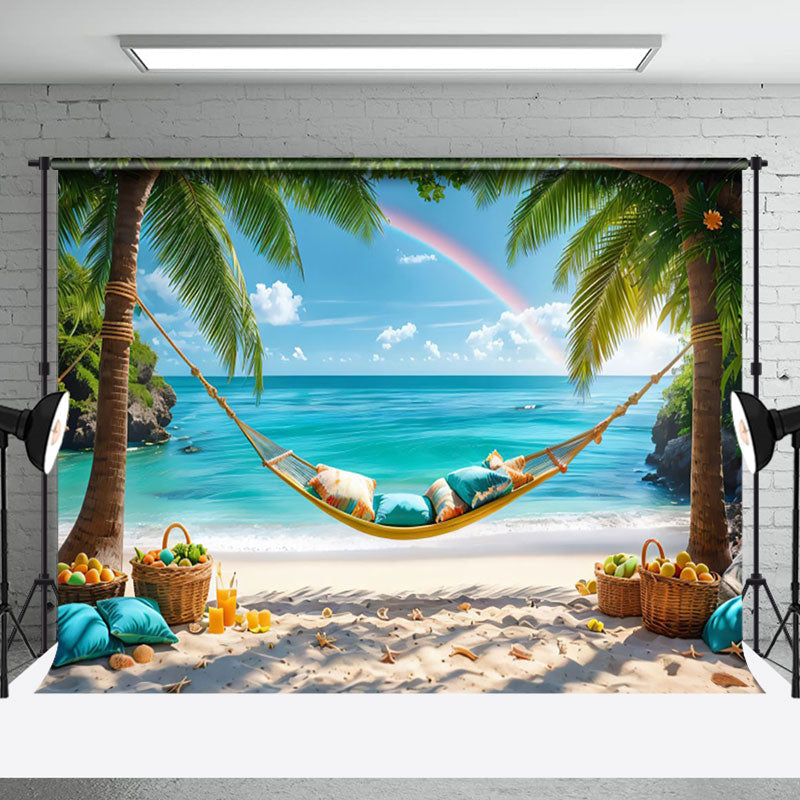 Aperturee - Palm Tree Rainbow Hammock Sand Beach Summer Backdrop