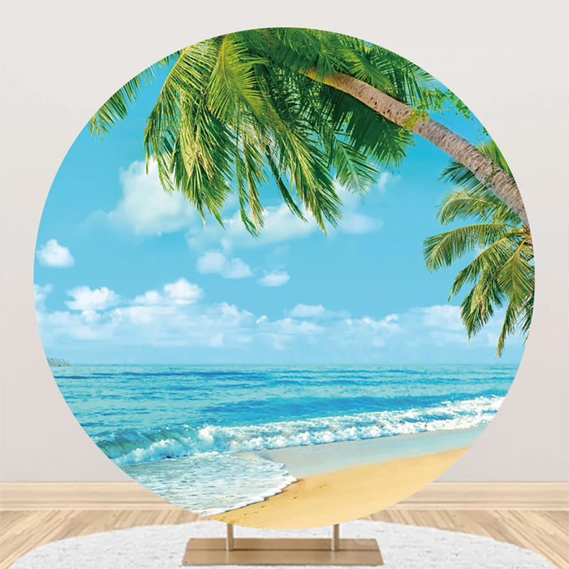 Aperturee - Palm Tree Sandy Hawaii Beach Round Birthday Backdrop