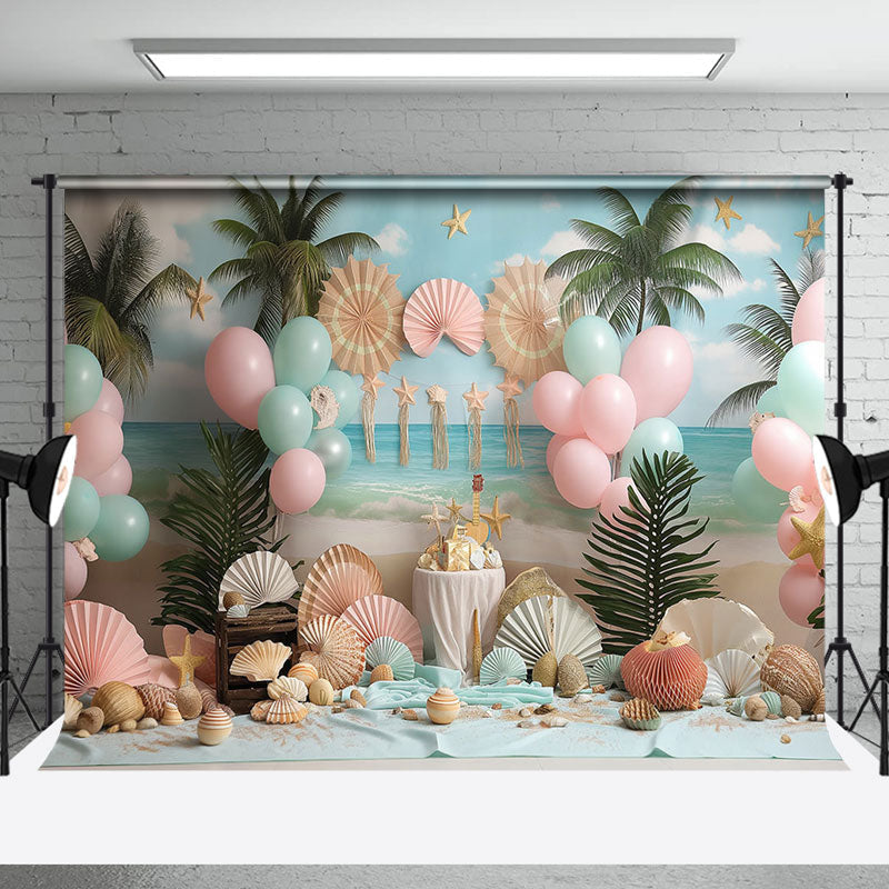 Aperturee - Palm Tree Shell Balloons Coastal Cake Smash Backdrop