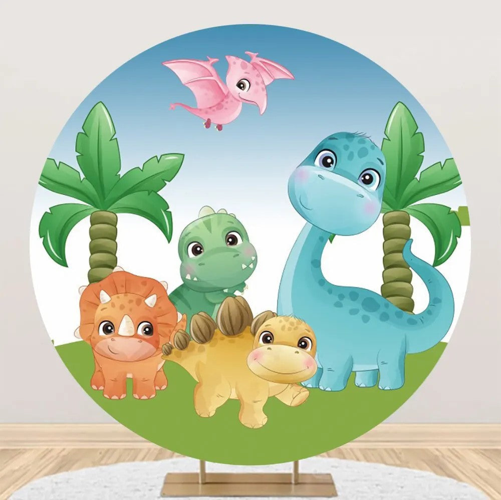 Aperturee - Palm Trees Colorful Baby Dinosaurs Round Backdrop