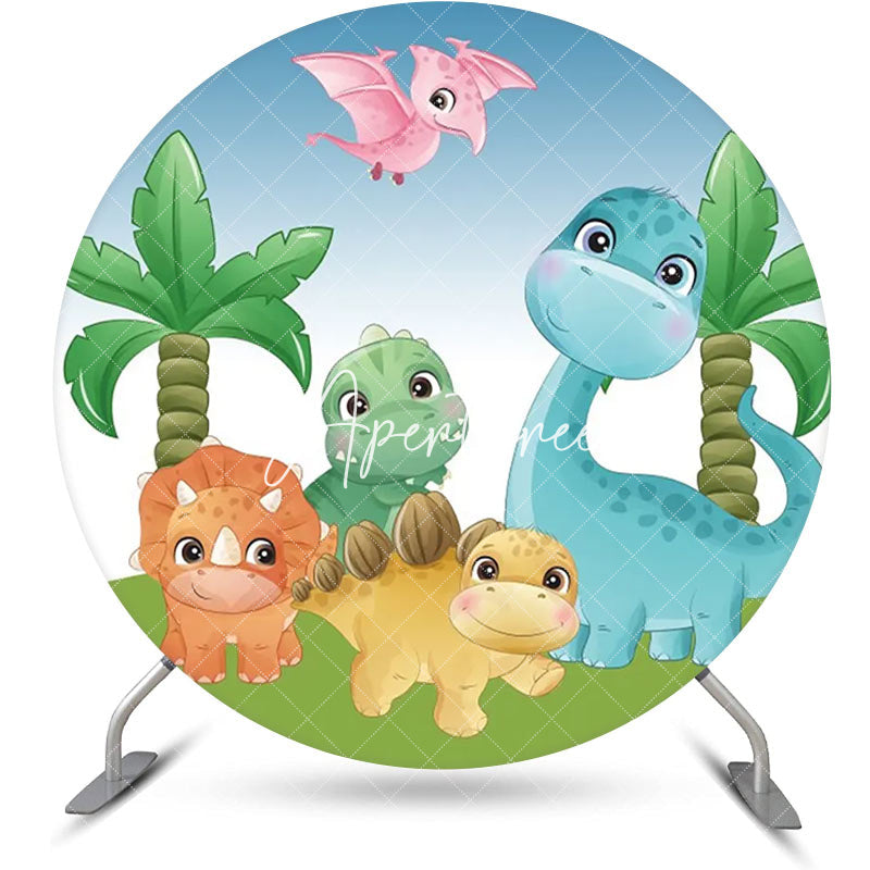 Aperturee - Palm Trees Colorful Baby Dinosaurs Round Backdrop