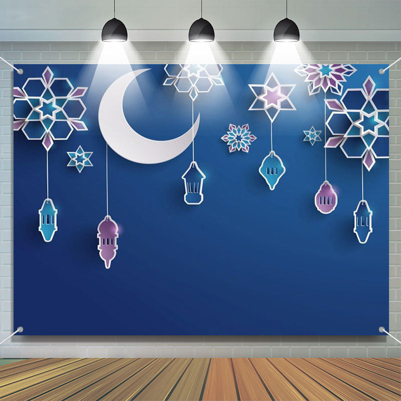 Aperturee - Paper Flower Pendant Moon Blue Eid Mubarak Backdrop