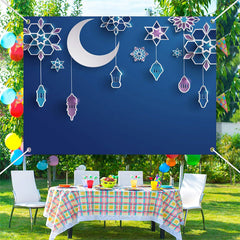 Aperturee - Paper Flower Pendant Moon Blue Eid Mubarak Backdrop