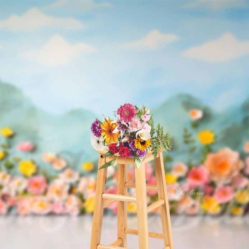 Aperturee - Paper Flowers Mountain Birthday Cake Smash Backdrop