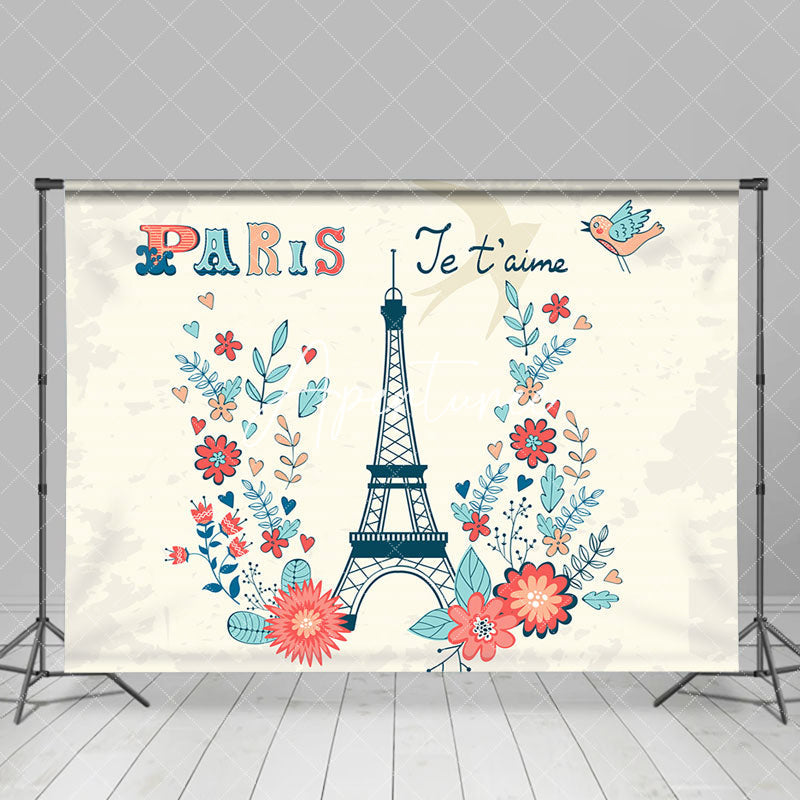 Aperturee - Paris Je T Aime Floral Bird Eiffel Tower Backdrop