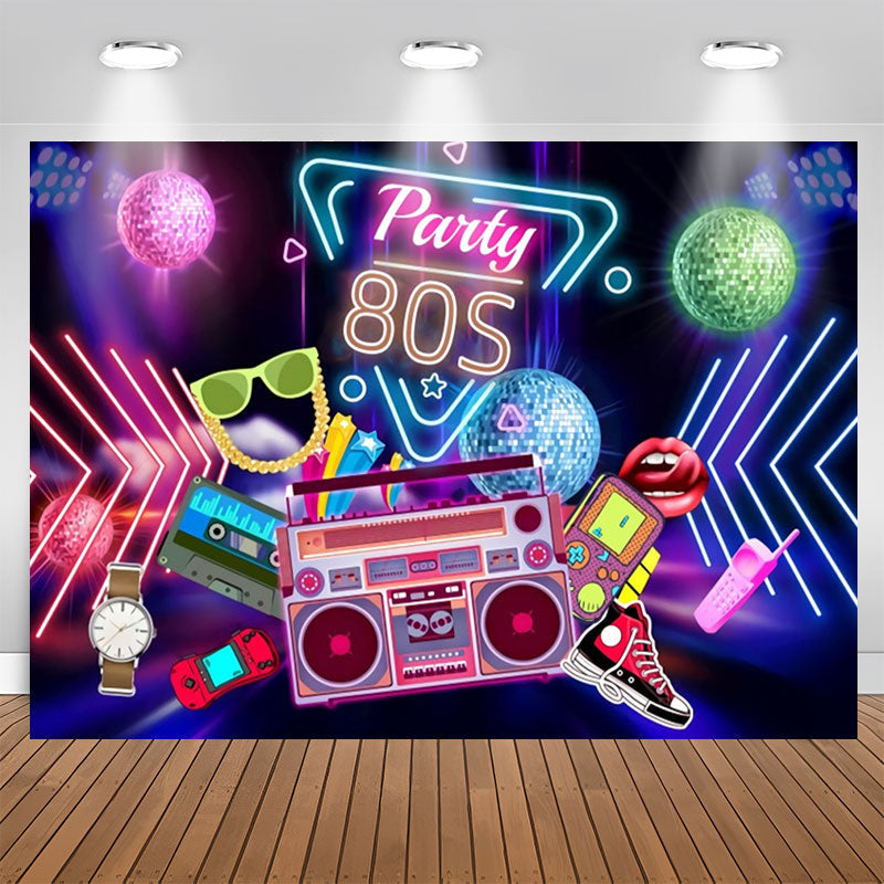 Aperturee - Party 80S Rock Roll Neon Happy Birthday Backdrop