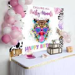 Aperturee - Party Animals Colorful Plant Tiger Birthday Backdrop