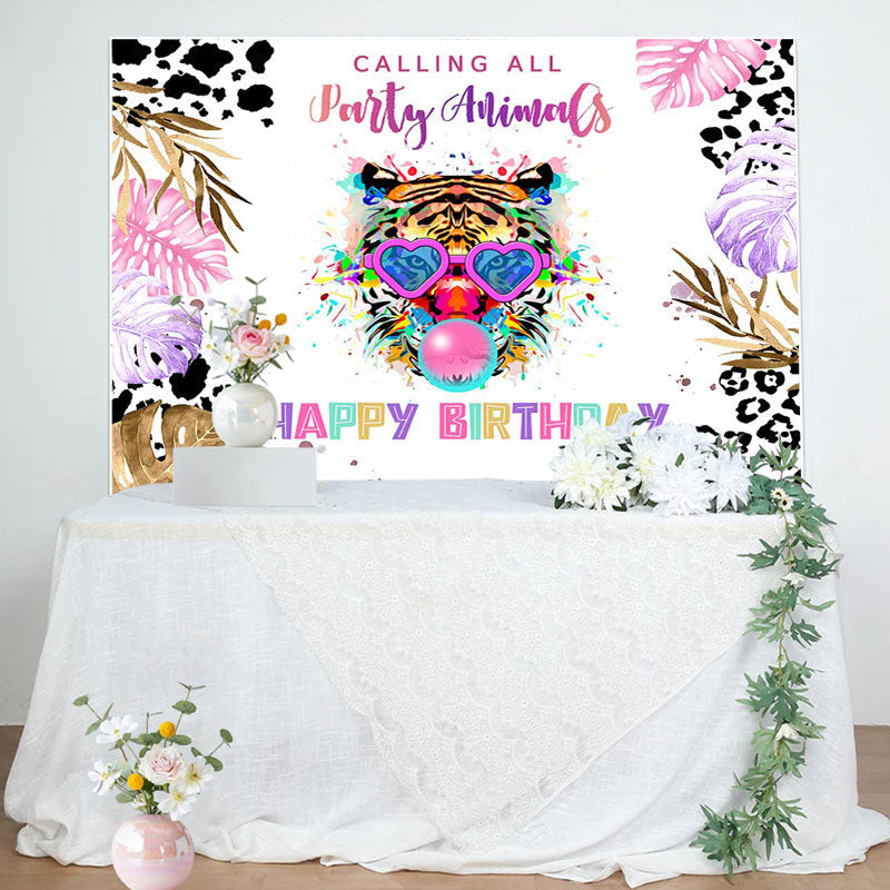 Aperturee - Party Animals Colorful Plant Tiger Birthday Backdrop