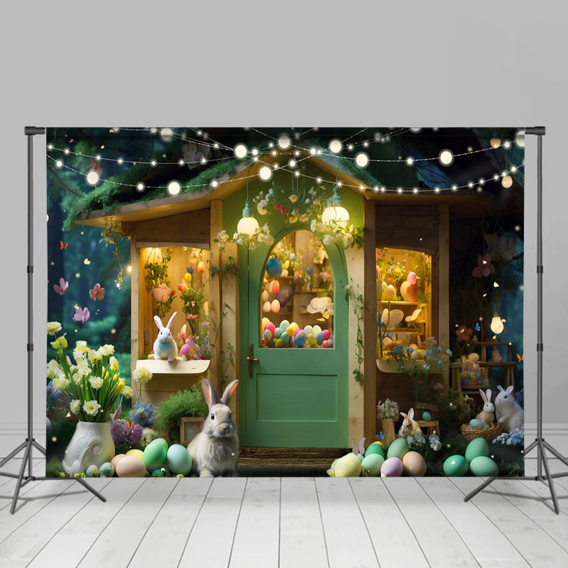 Aperturee - Paschal Eggs Green Wooden House Easter Backdrop