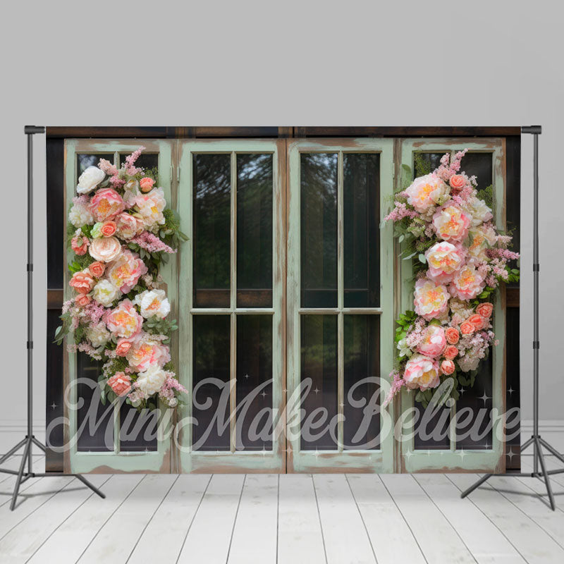 Aperturee - Pastoral Green Wooden Window Pink Flowers Backdrop