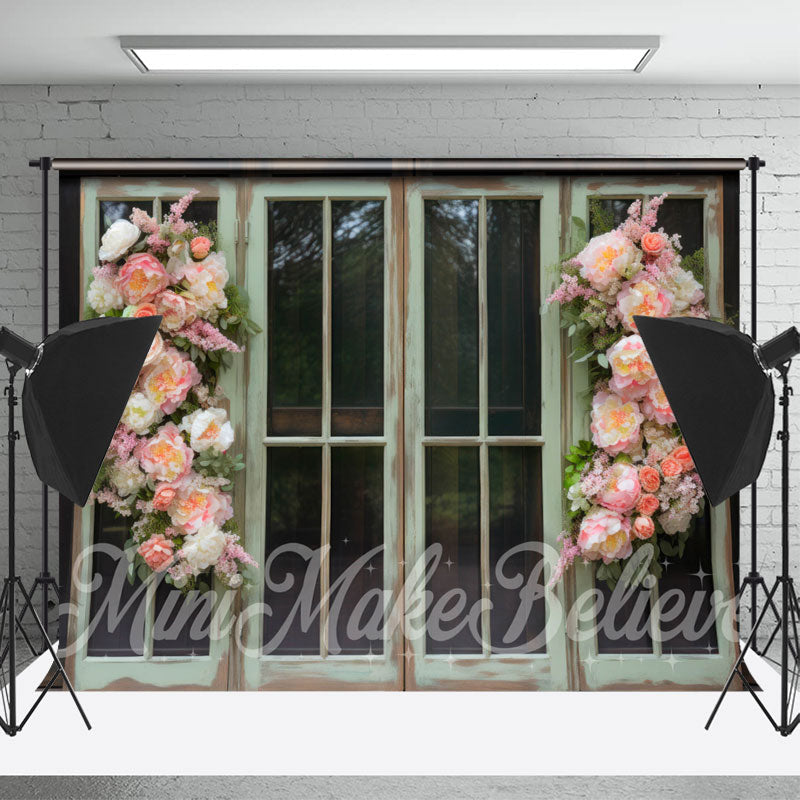 Aperturee - Pastoral Green Wooden Window Pink Flowers Backdrop