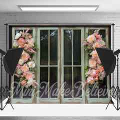 Aperturee - Pastoral Green Wooden Window Pink Flowers Backdrop