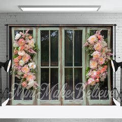 Aperturee - Pastoral Green Wooden Window Pink Flowers Backdrop