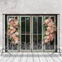 Aperturee - Pastoral Green Wooden Window Pink Flowers Backdrop