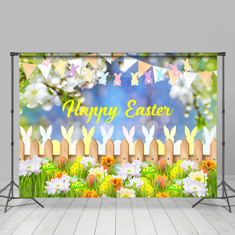 Aperturee - Patterned Egg Wood Fence Bunny Grass Easter Backdrop