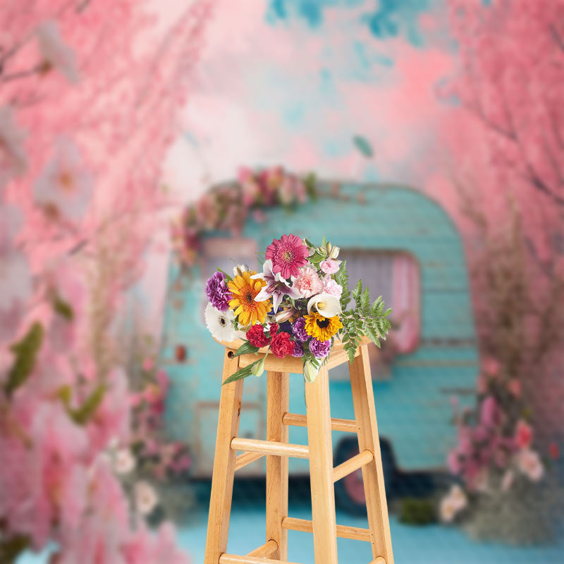 Aperturee - Peach Blossom Blue RV Bokeh Spring Photo Backdrop