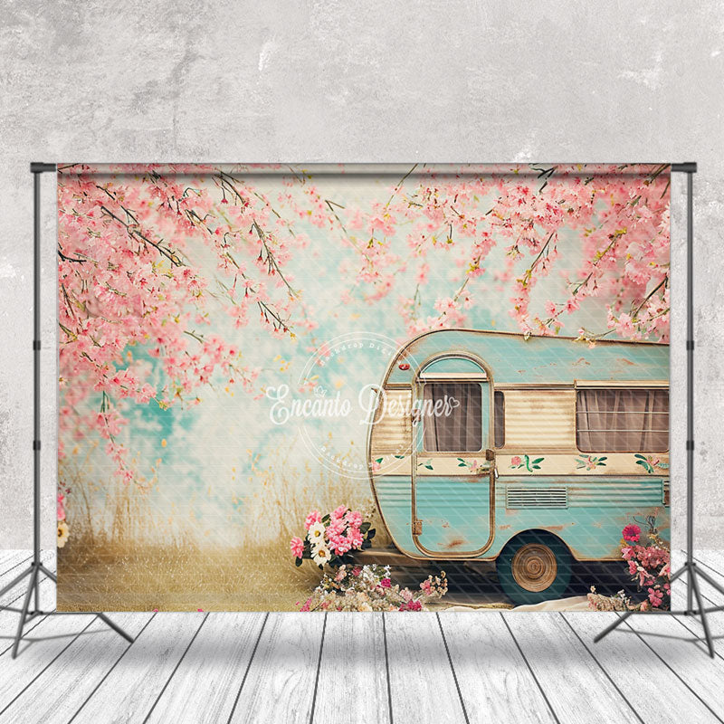 Aperturee - Peach Tree Blossom Retro RV Bokeh Spring Backdrop