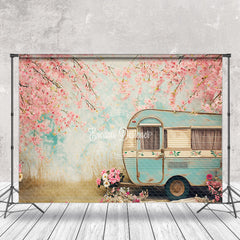 Aperturee - Peach Tree Blossom Retro RV Bokeh Spring Backdrop