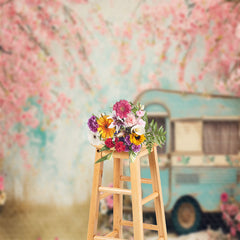 Aperturee - Peach Tree Blossom Retro RV Bokeh Spring Backdrop