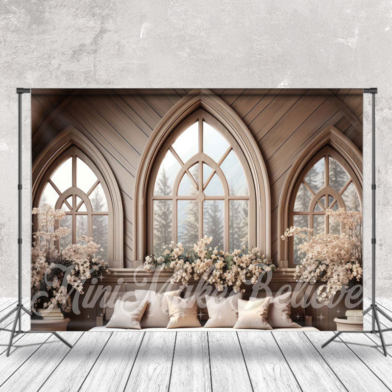 Aperturee - Peaked Wooden Windows Floral Headboard Backdrop