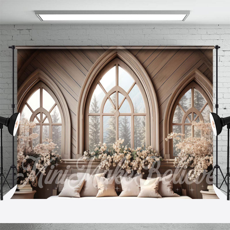 Aperturee - Peaked Wooden Windows Floral Headboard Backdrop