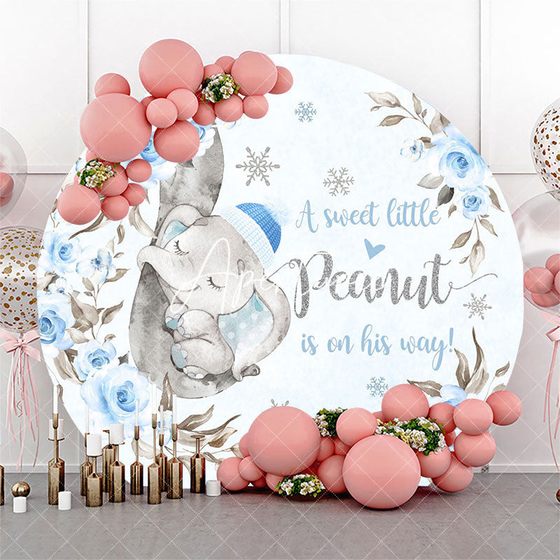 Aperturee Peanut Elephant Blue Floral Round Baby Shower Backdrop