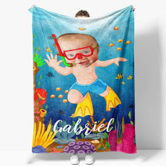 Aperturee - Personalized Baby Boy Diving Sea World Fish Blanket