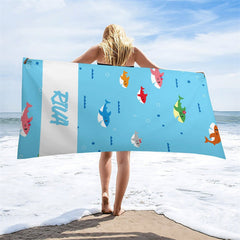 Aperturee - Personalized Cute Undersea Sharks Name Beach Towel