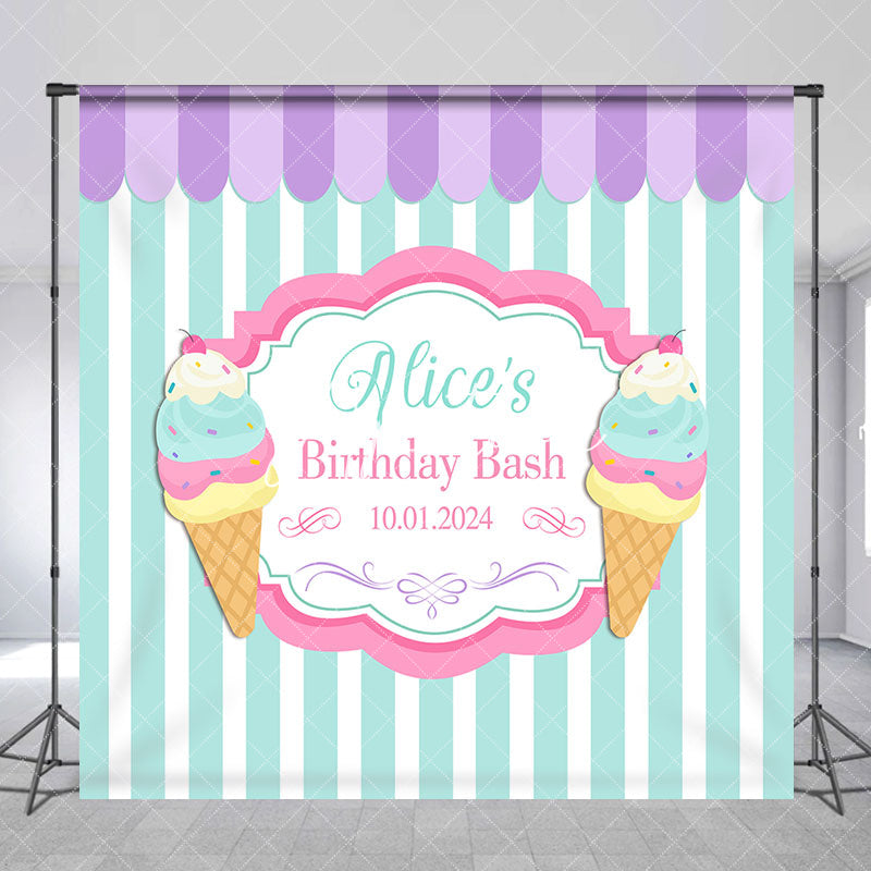 Aperturee - Personalized Ice Cream Stripe Happy Birthday Backdrop