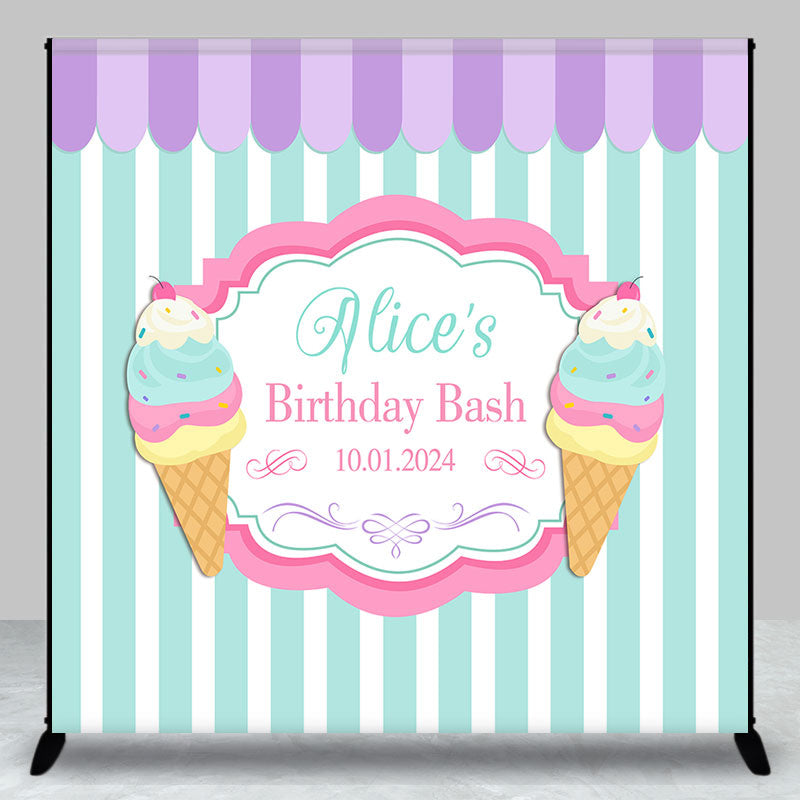 Aperturee - Personalized Ice Cream Stripe Happy Birthday Backdrop