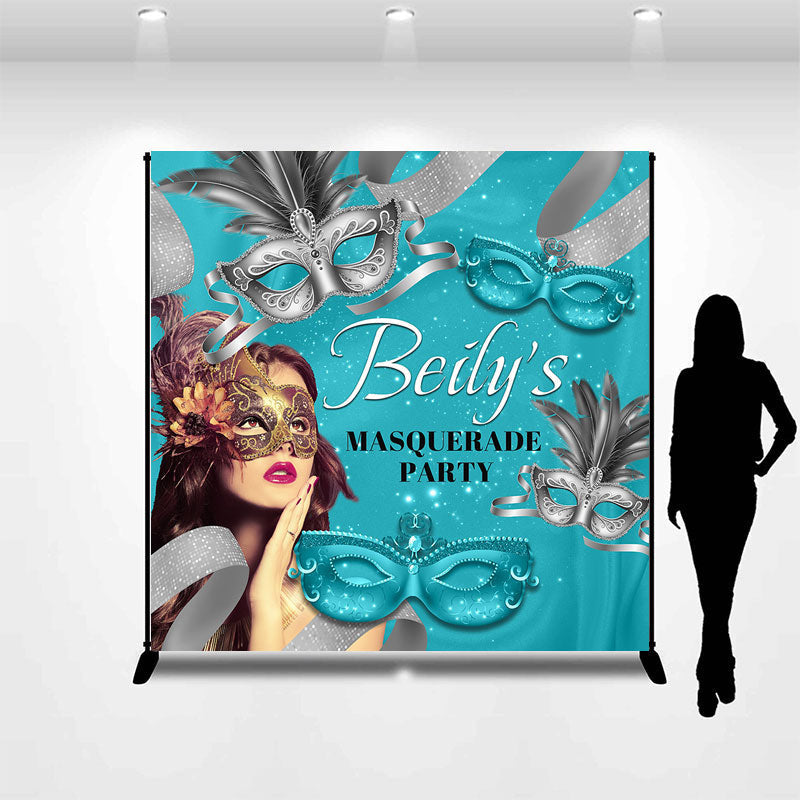 Aperturee - Personalized Lake Blue Masquerade Party Backdrop