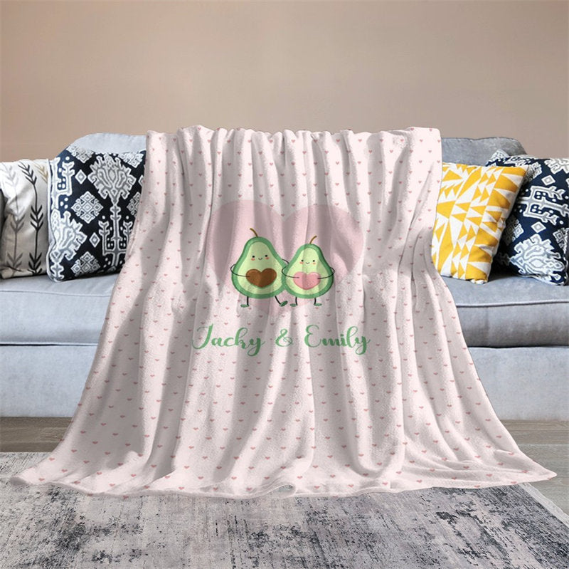 Lofaris Personalized Name Avocados Polka Hearts Couple Blanket