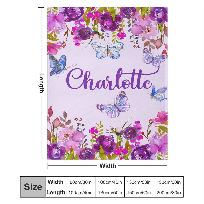 Lofaris Personalized Name Butterflies Purple Floral Blanket